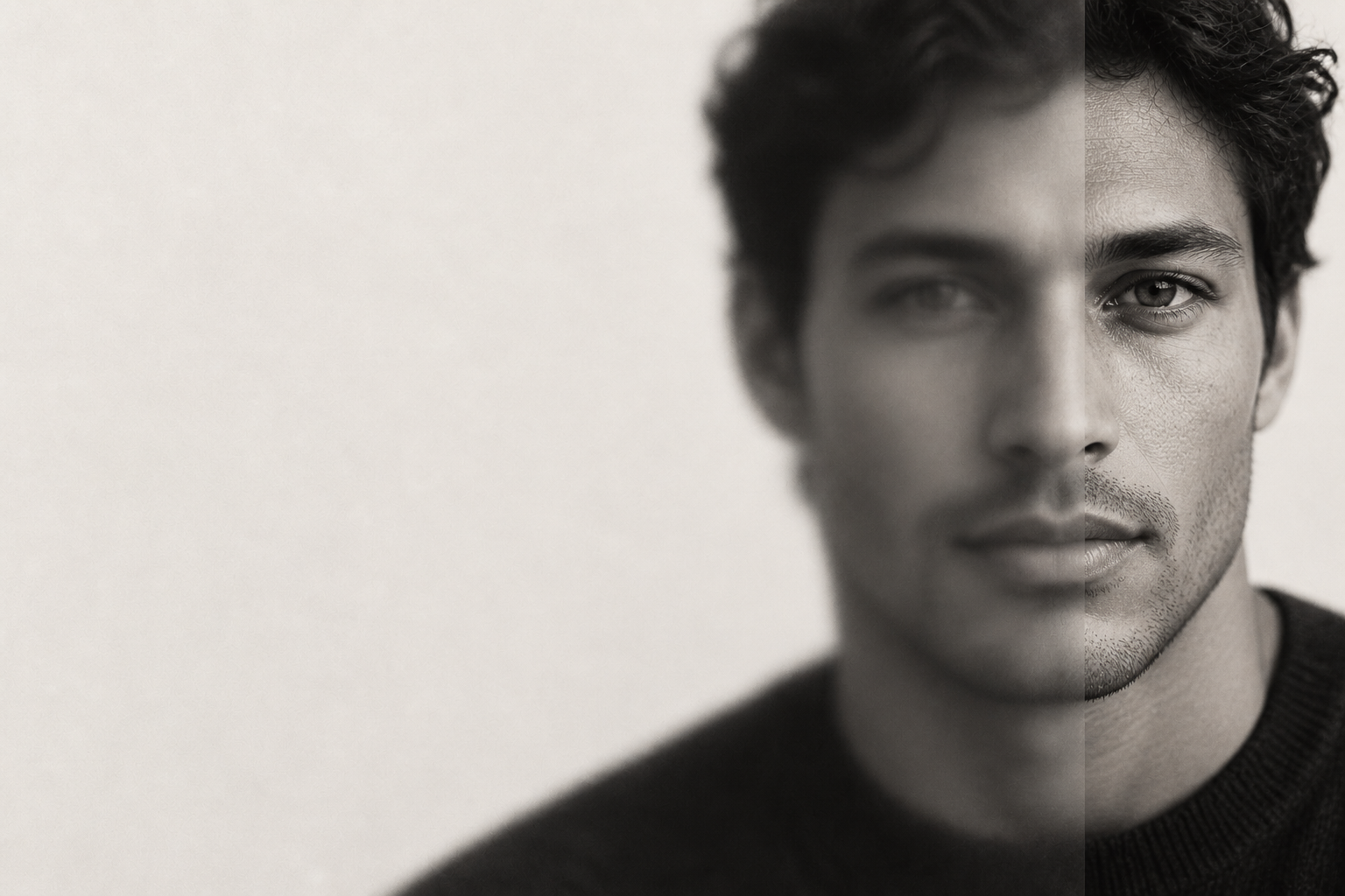 Conceptual monochrome portrait of a man transitioning from soft focus to clarity