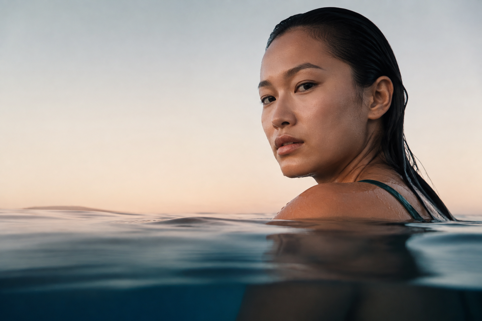 Editorial portrait of a swimmer at the waterline